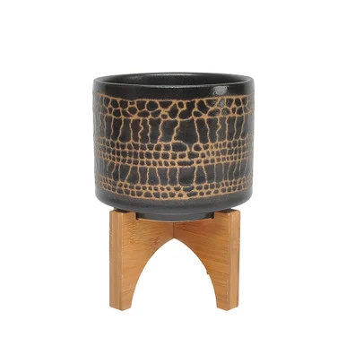 7″ Black and Beige Ceramic Glazed Planter with Stand