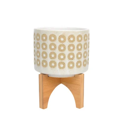 7″ White and Beige Circles Ceramic Planter with Stand