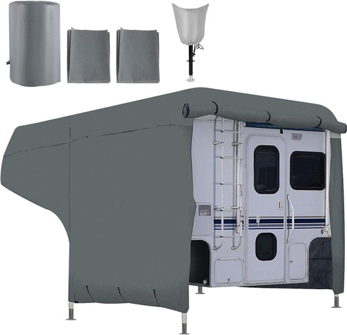 RV Cover, 8'-10' Travel Trailer RV Cover, Windproof RV & Trailer Cover, Extra-Thick 4 Layers Durable Camper Cover, Waterproof Ripstop Anti-UV for RV Motorhome with Adhesive Patch & Storage Bag