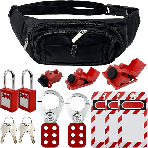 Lockout Tagout Kit - Clamp-On Circuit Breaker Lockout, Group Lockout Hasps, Lockout Tag, Universal Multi- Pole Breaker with Pocket Bag (Black Kit)