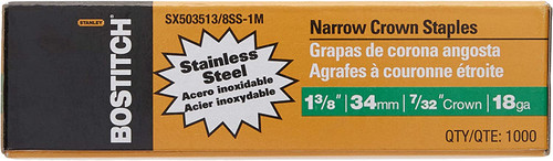 BOSTITCH 18 ga Staples SX503513/8SS1M - 1 3/8 in - Stainless Steel - 7/32 in Crown
