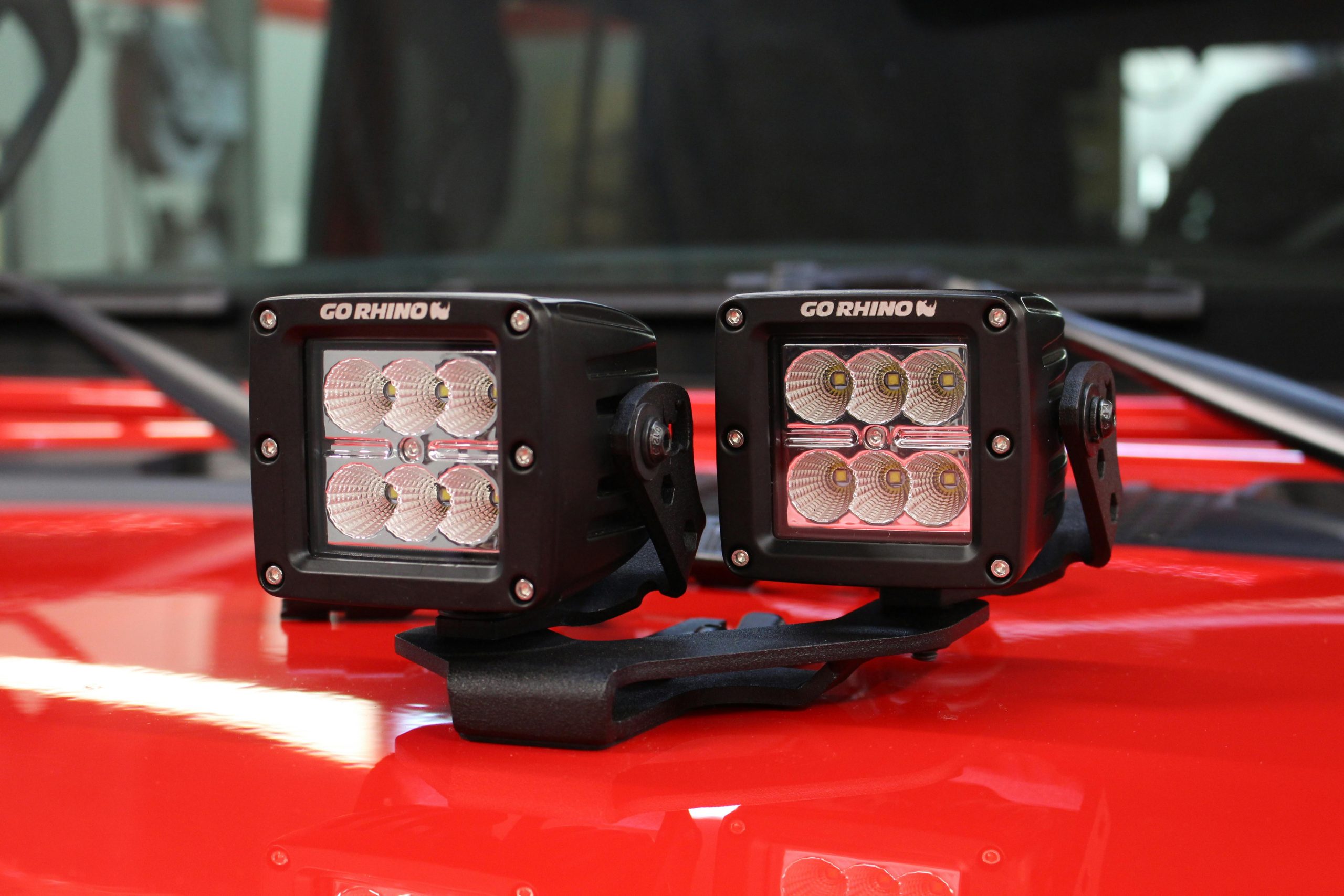 Go Rhino 732231T XE Center Hood Light Mounts for Jeep JL/JT - Fits Dual 3x3 Cubes, offset mount