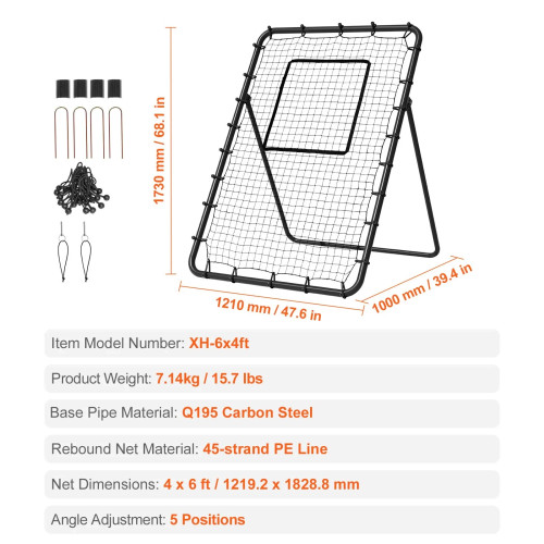 Baseball And Softball Rebounder Net, 4 x 6 Feet PitchBack Baseball Nest for Pitching and Fielding Training, Pitch Return Trainer Rebound Net with Pitching Target, 4 Adjustable Angles