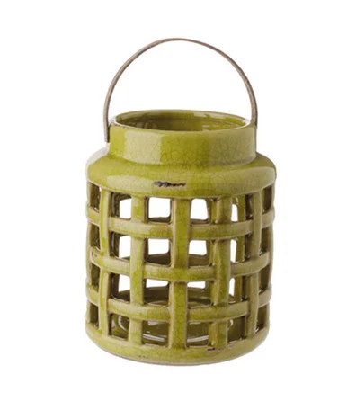 8.25″ Tea Garden Caladium Leaf Green Glazed Terracotta Crackled Decorative Pillar Candle Lantern