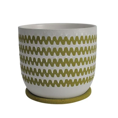 8″ Olive Green and Ivory Ceramic Zigzag Planter with Saucer