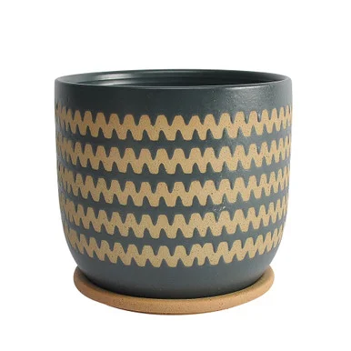 8″ Teal Green Ceramic Zigzag Planter with Saucer