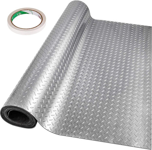 Garage Floor Mat 4.9x19ft Vinyl Garage Flooring Roll Anti-Slide Diamond Texture Silver Garage Mats for Under Car 93 sqft Covering Space DIY PVC Garage Floor Mat for Gyms Boats Car Trailer