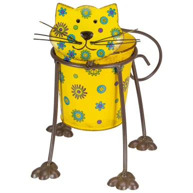 9″ Yellow Floral Metal Cat Garden Planter