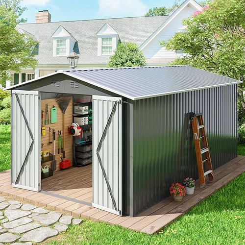 10x12 FT Outdoor Storage Shed, Large Metal Tool Sheds with Updated Frame Structure and Lockable Doors, Garden Shed