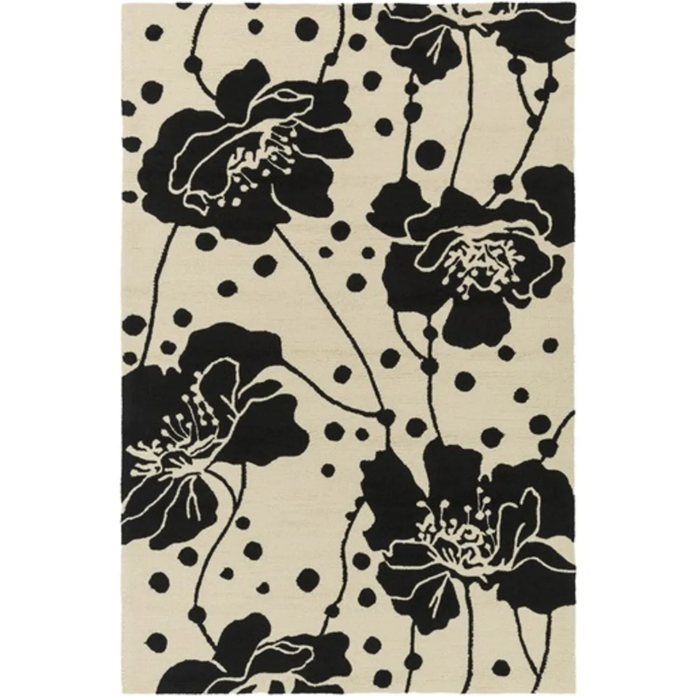 8′ x 10′ Hibiscus Hopes Jet Black and Eggshell Outdoor Safe Area Throw Rug