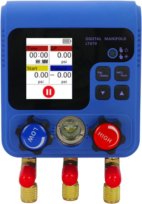 Digital AC Manifold Gauge Set with 92 Refrigerant Data, Dual Pressure Testing, Vacuum Leak Testing, and Backlit TFT LCD Display