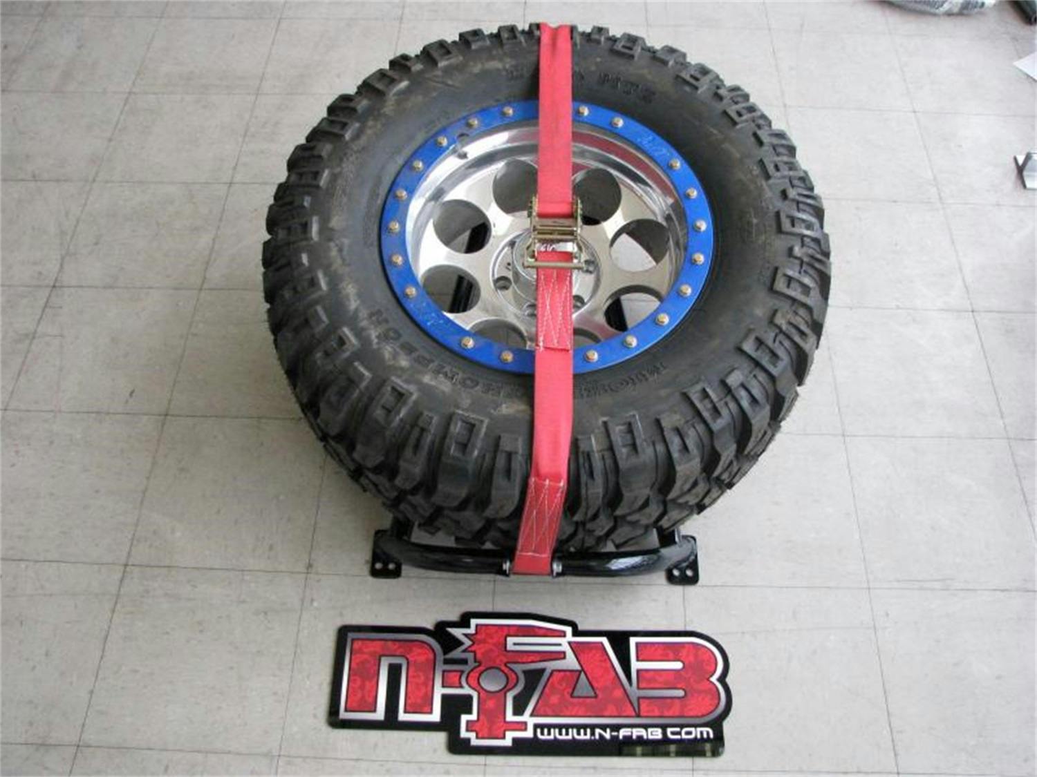 N-FAB BM1TCRD Gloss Black Bed Mounted Tire Carrier w/ Red Strap