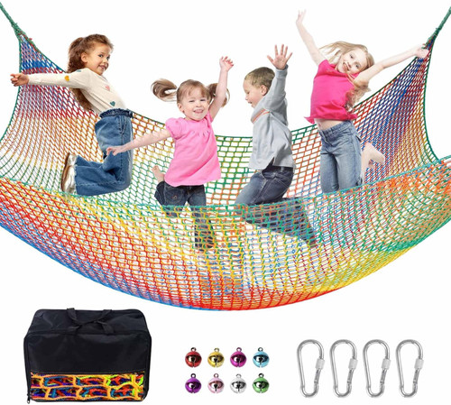 Climbing Net for Kids - 9.9FT x 6.6FT Double Layers Heavy Duty Playground Safety Net, Climbing Cargo Net for Tree House Tree Fort, Back Yard, Jungle Gyms, Monkey Bar Security Mesh(Rainbow)