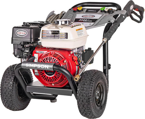 Simpson PowerShot 3500 PSI Gas Pressure Washer, 2.5 GPM, Honda GX200 Engine | Gas Power Washer For Professionals. AAA Triplex Pump, 25' MorFlex Hose, 5 Nozzles, Steel Frame. 49-State Compliant. PS3228