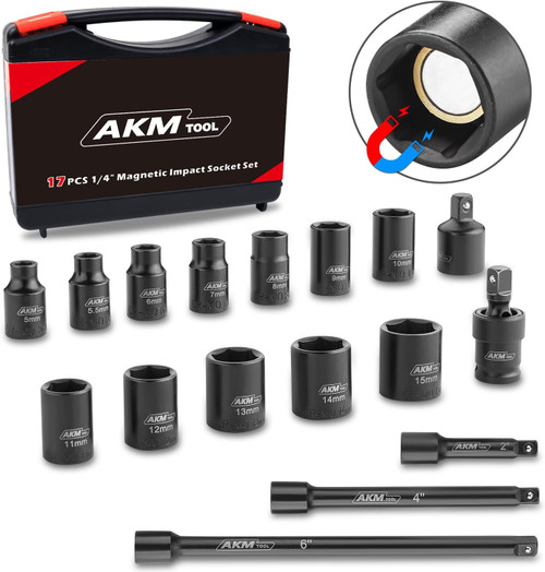 1/4 Inch Drive Magnetic Impact Socket Set, 17-Piece Metric, 5mm-15mm, 6 Point, Cr-Mo, Square Drive, Magnetic Socket with Impact Socket Adapter, Universal Joint & Extension