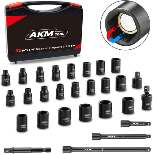 1/4 Inch Drive Magnetic Impact Socket Set, 28-Piece SAE/Metric, 1/4 Inch-9/16 Inch, 5mm-15mm, 6 Point, Cr-Mo, Square Drive, with Impact Socket Adapter, Universal Joint & Extension