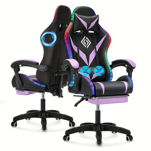 Gaming Chair with Speakers and Massage Big and Tall Video Game Chair for 450lbs with Footrest Reclining High Back Computer Desk Chair with RGB Led Light, Purple + Black Color