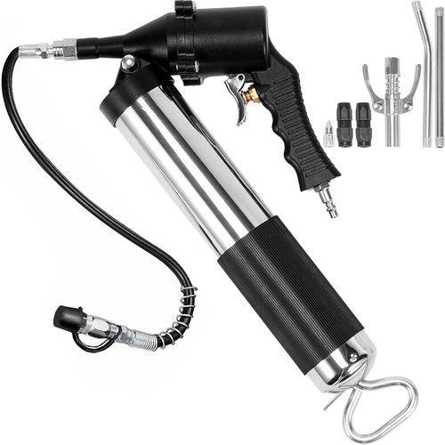 Grease Gun, 6000PSI Air Operated Grease Gun, Heavy Duty Pneumatic Grease Gun with 14 oz Load, 18.5 Inch Flexible Hose, 1 Flat Coupler, 1 Pointed and Locking Clamp Coupler, 1 Bent Metal Pipe