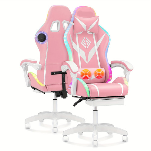 Gaming Chair with Speakers and Massage Big and Tall Video Game Chair for 450lbs with Footrest Reclining High Back Computer Desk Chair with RGB Led Light, White + Pink Color