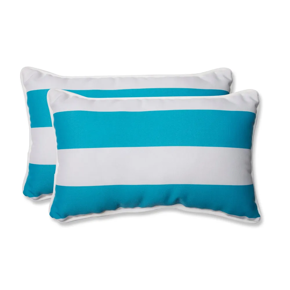 Set of 2 Blue and White Striped Outdoor Corded Throw Rectangular Pillows 18.5″