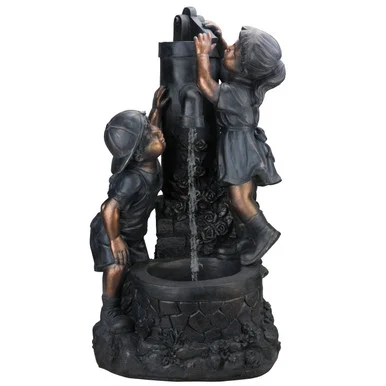 Add Charm to Your Garden with 29″ Children at the Water Pump Well Outdoor Patio Garden Water Fountain