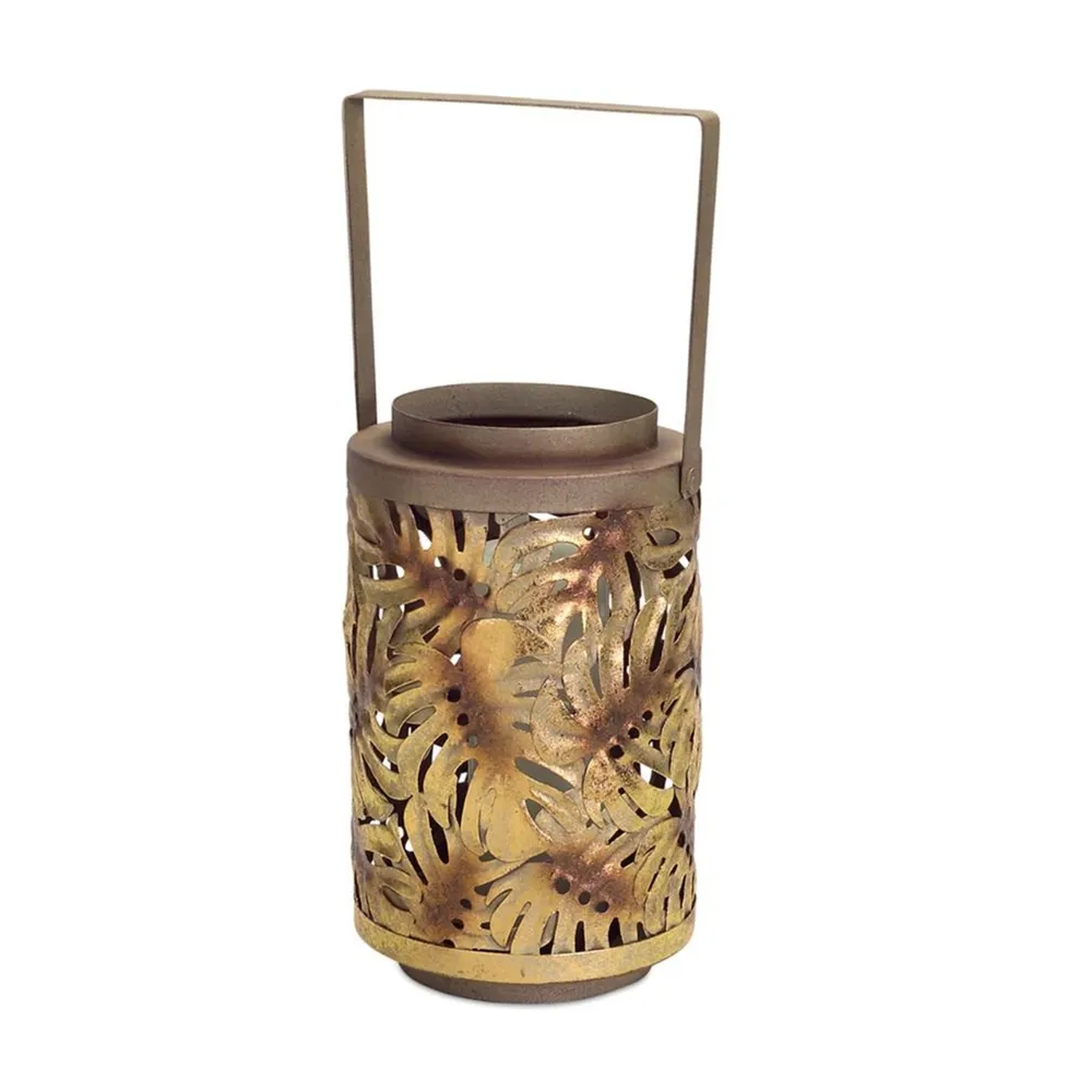 Pack of 2 Antique Inspired Palm Leaf Design Pillar Candle Lanterns 18″