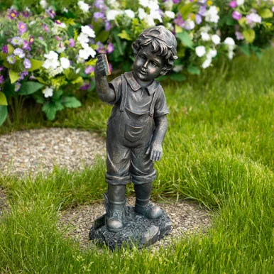 Black & Bronze Boy with Cell Phone LED Garden Statue: 18″, Solar Powered, Outdoor Decor