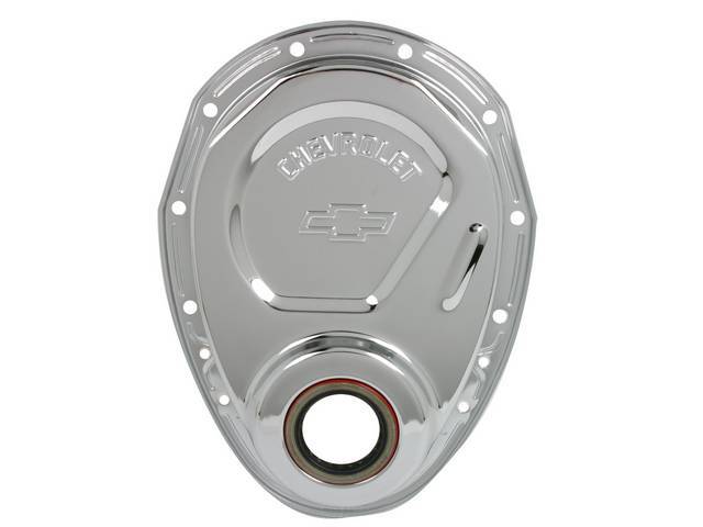 Crankcase Front End / Timing Chain Cover, Chrome w/ Stamped Bowtie and Lettering, GM Licensed Reproduction