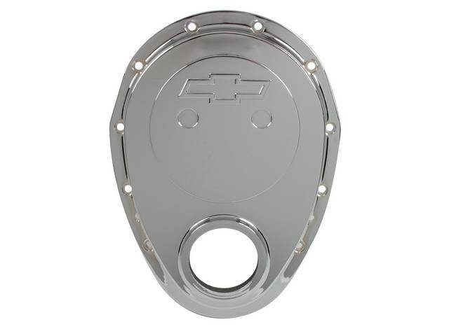 Crankcase Front End / Timing Chain Cover, Chrome Die-cast Aluminum w/ Chevy Bowtie Emblem, GM Licensed Reproduction