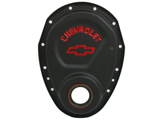 Crankcase Front End / Timing Chain Cover, Black Crinkle w/ Red Bowtie Emblem and Lettering, GM Licensed Reproduction