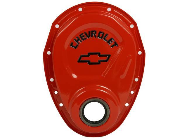 Crankcase Front End / Timing Chain Cover, Orange w/ Black Bowtie Emblem and Lettering, GM Licensed Reproduction