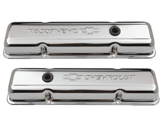 Valve Cover Set, short profile w/ oil baffles, chrome steel w/ embossed *Chevrolet* lettering and *Bowtie* logo, GM Licensed Reproduction
