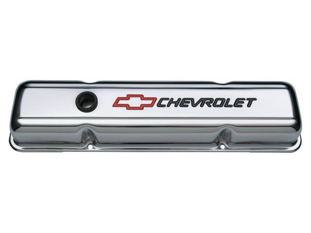 Valve Cover Set, short profile w/ oil baffles, chrome steel w/ black *Chevrolet* lettering and red *Bowtie* logo, GM Licensed Reproduction