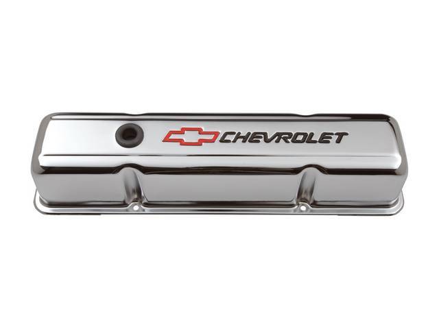 Valve Cover Set, tall profile w/ oil baffles, chrome steel w/ black *Chevrolet* lettering and red *Bowtie* logo, GM Licensed Reproduction