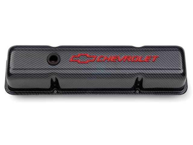Valve Cover Set, tall profile w/ oil baffles, dark charcoal carbon fiber steel w/ red *Chevrolet* lettering and *Bowtie* logo, GM Licensed Repro