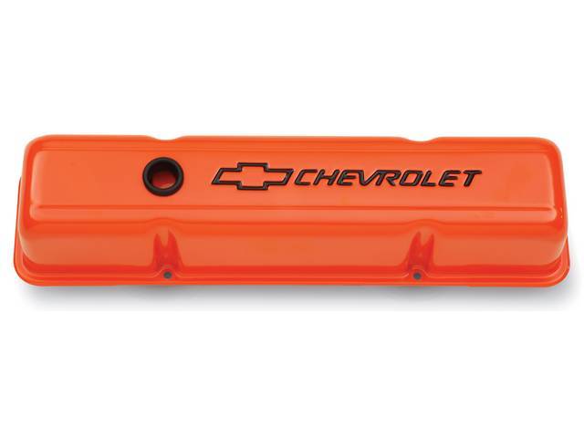 Valve Cover Set, tall profile, orange painted w/ black *Chevrolet* lettering and *Bowtie* logo, GM Licensed repro