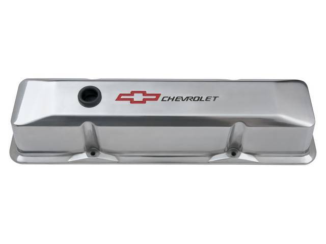 Valve Cover Set, tall profile w/ oil baffles, polished aluminum w/ recessed black *Chevrolet* lettering and red *Bowtie* logo, GM Licensed Repro