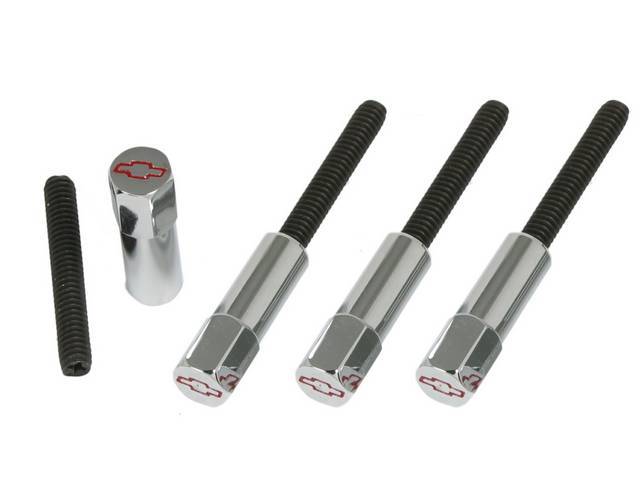 Valve Cover Mini Nut Set, 4-piece, Chrome Plated w/ Recessed Red *Bowtie* Logo, GM Licensed Reproduction
