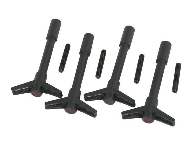 Valve Cover Wing Nut Set, (4), 1/4 Inch-20, black crinkle finish w/ recessed red *Bowtie* logo, GM Licensed repro