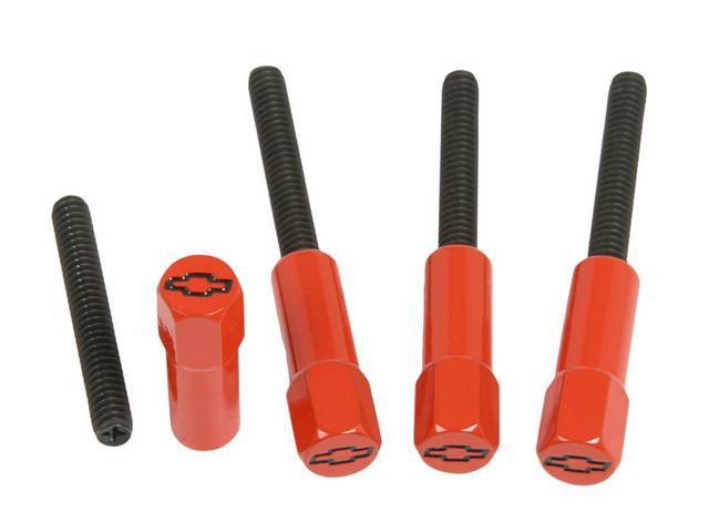 Valve Cover Mini Nut Set, 4-piece, Orange Painted Finish w/ Recessed Black *Bowtie* Logo, GM Licensed Reproduction