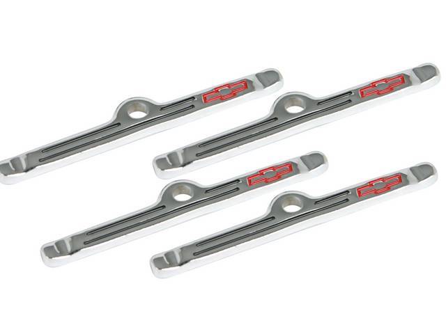 Valve Cover Hold Down / Spreader Bar, 4-pc, Chrome Plated w/ Recessed Red *Bowtie* Logo, GM Licensed Reproduction