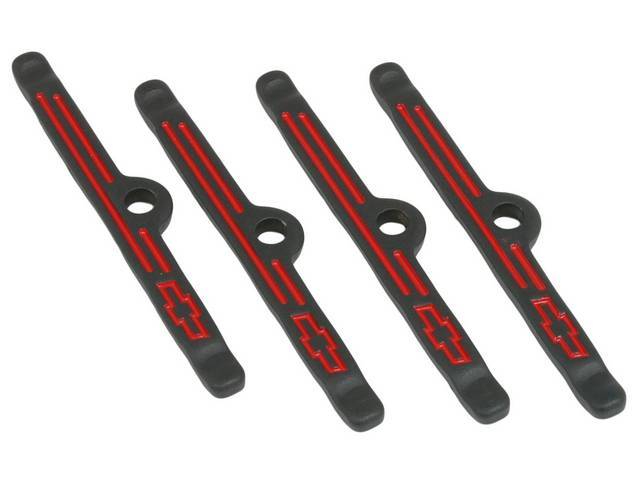 Valve Cover Hold Down / Spreader Bar, 4-pc, Black Crinkle Finish w/ Recessed Red *Bowtie* Logo, GM Licensed Reproduction