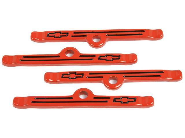 Valve Cover Hold Down / Spreader Bar, 4-pc, Orange Painted Finish w/ Recessed Black *Bowtie* Logo, GM Licensed Reproduction