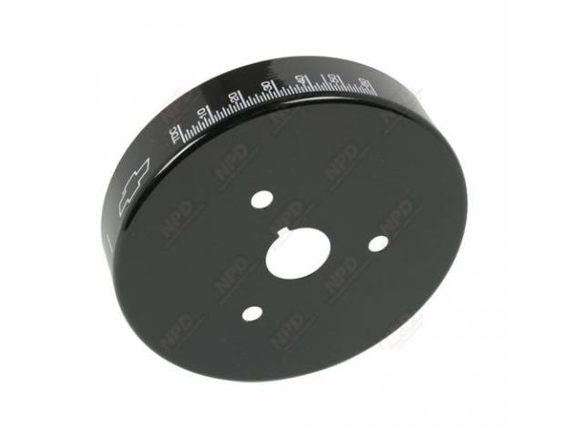 Harmonic Balancer Cover, 6.75 inch, w/ Bowtie and timing degree marking, black finish, GM Licensed Reproduction
