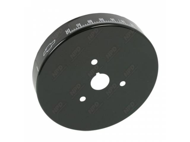 Harmonic Balancer Cover, 8 inch, w/ Bowtie and timing degree marking, Black finish, GM Licensed Reproduction