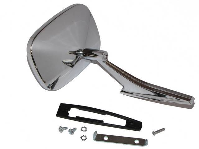 MIRROR, Rear View, Outside, RH, rectangular, w/ convex glass incl *Objects In mirror are Closer Than They Appear* text on mirror, incl bracket, gasket and hardware, made from heavier casting and has tighter pivot point, has rib on the center of mounting a