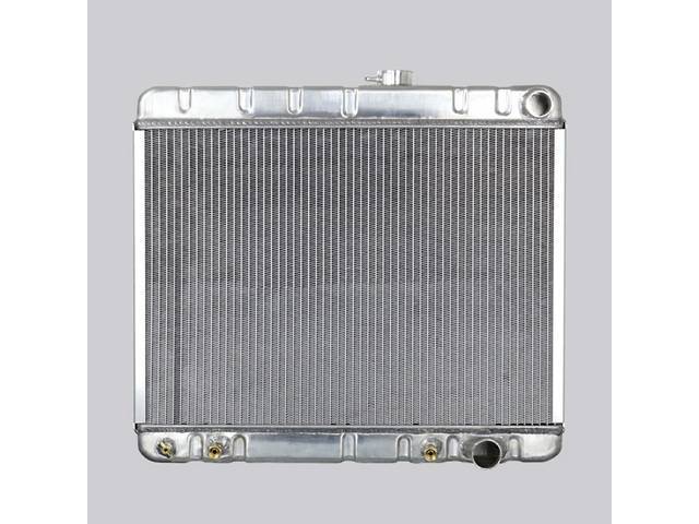 RADIATOR, Down Flow, Aluminum, 2 Row, 25 1/2" x 17 1/4" x 2 1/4" thick core size, 1 1/2" RH inlet, 1 3/4" RH outlet, natural finish repro