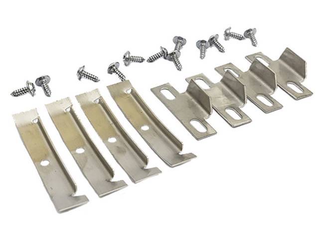 T-Top Retainer Set, Weatherstrip and Corner, 20-pieces, 8-stainless steel retainers, 12-screws, reproduction