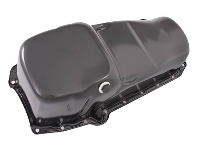 Engine Oil Pan, steel, black painted, LH driver side dipstick, 4 quart capacity, incl notches like original oil pans, incl drain plug, OE style repro