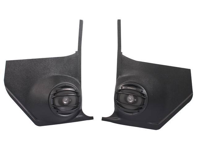 Cowl Trim / Kick Panel Set, Inner, w/ 180 watt Kenwood 6 1/2 inch o.d. speakers (incl grilles), plastic, black (paint as reqd), Vintage Car Audio reproduction